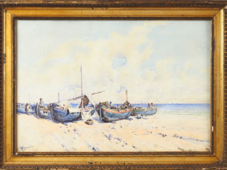 Vente aux enchères M. de FRANCESCI. "barques sur la grève" Aquarelle signée en bas à gauc