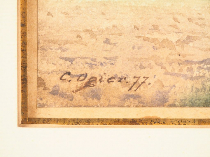 C. OGIER. "paysage à la rivière" Aquarelle, signée en bas à gauche  Di