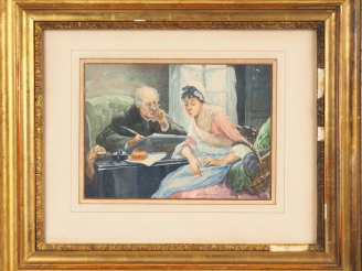 Vente aux enchères PASCAL JULES.  "le vieil homme et la domestique" Aquarelle, signée en 