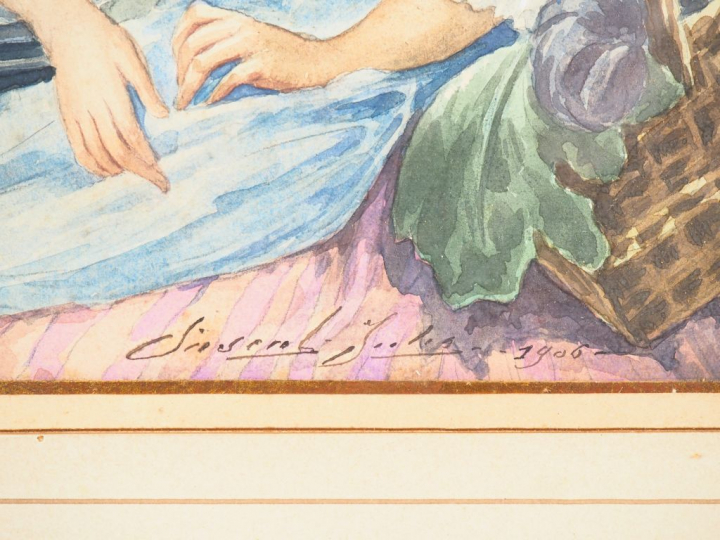 PASCAL JULES.  "le vieil homme et la domestique" Aquarelle, signée en 