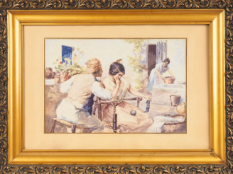 Vente aux enchères PASCAL JULES. "Conversation" Aquarelle, signée en bas à droite Dim. 29