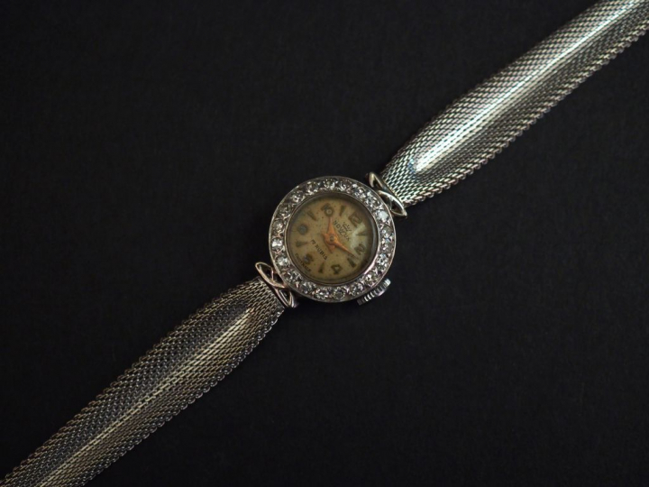 Montre bracelet de de dame, boitier et bracelet en or blanc.  Cadran r