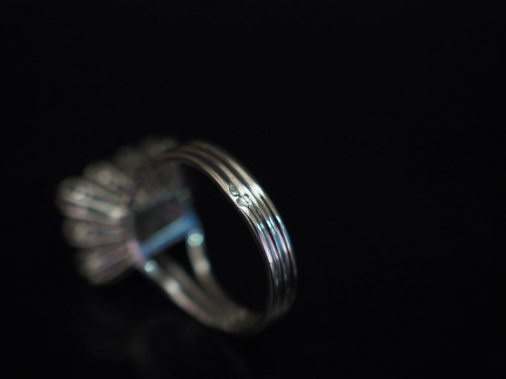 Bague en or blanc, sertie en son centre d'une émeraude entourée de dix