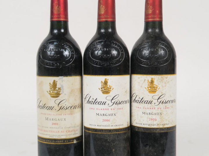3 BOUTEILLES CHÂTEAU GISCOURS GCC MARGAUX : 1 de 2001 EA/2 de 2006 1 E