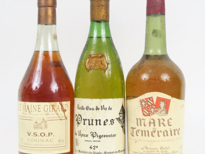 3 BOUTEILLES : 1 COGNAC V.S.O.P. LE MAINE GIRAUD - 1 MARC DU TEMERAIRE