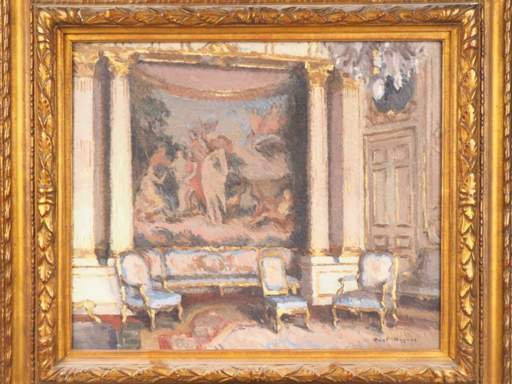 PAUL HUGUES.  "Intérieur Louis XV"  Huile sur toile, signée en bas à d