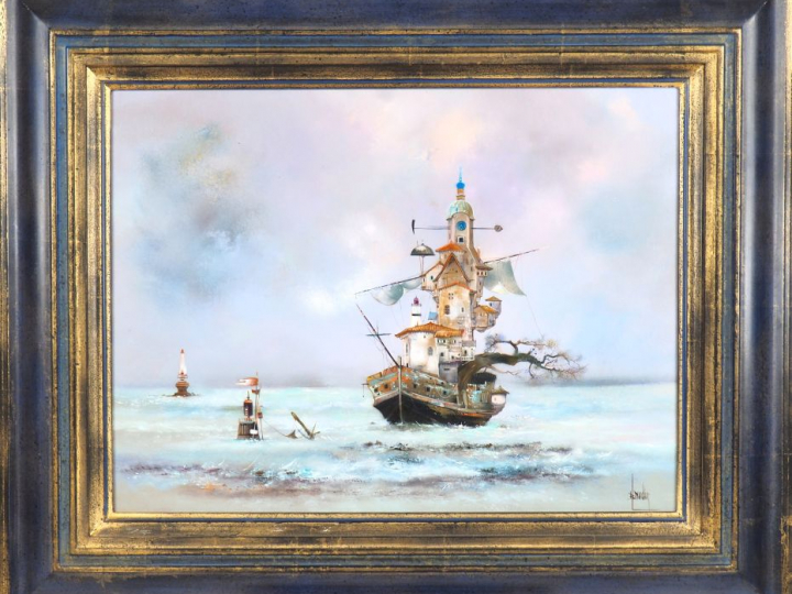 Bernard LOUEDIN. "Cité flotttante" Huile sur toile, signée en bas à dr