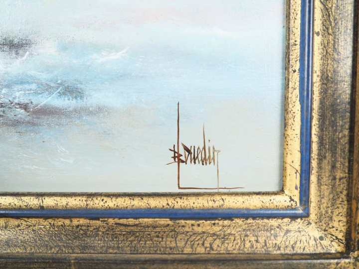 Bernard LOUEDIN. "Cité flotttante" Huile sur toile, signée en bas à dr