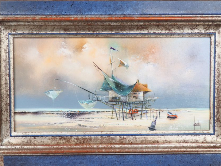 Bernard LOUEDIN. "la pêcherie".  Huile sur toile, signée en bas à droi