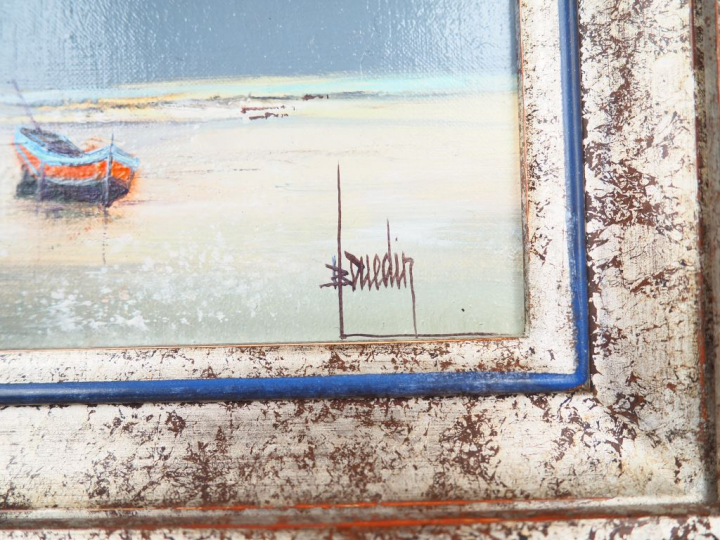 Bernard LOUEDIN. "la pêcherie".  Huile sur toile, signée en bas à droi