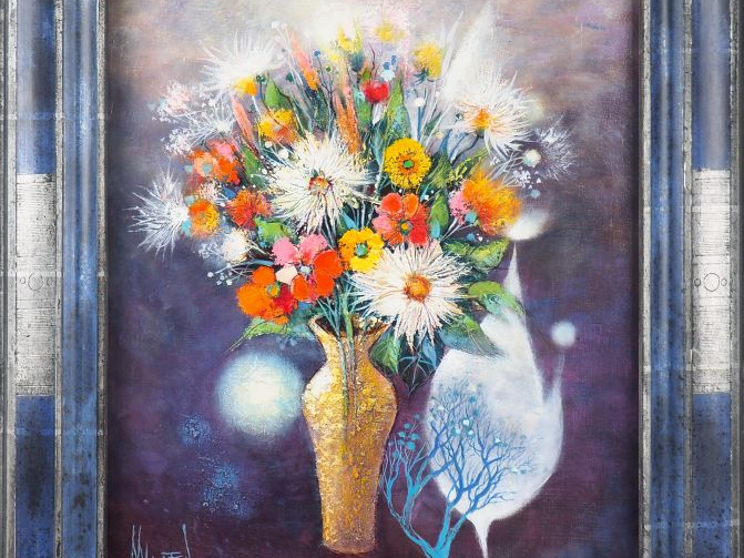 René MARGOTTON. "Les fleurs du petit mas" Huile sur toile, signée en b