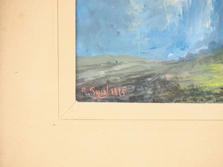 PAUL PASCAL. "Paysans italiens dans un paysage à la cascade" Gouache, 