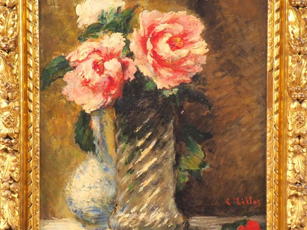 TILLOT. "Nature morte aux pivoines". Huile sur toile, signée en bas à 