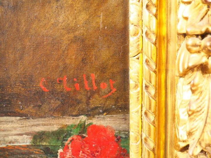 TILLOT. "Nature morte aux pivoines". Huile sur toile, signée en bas à 