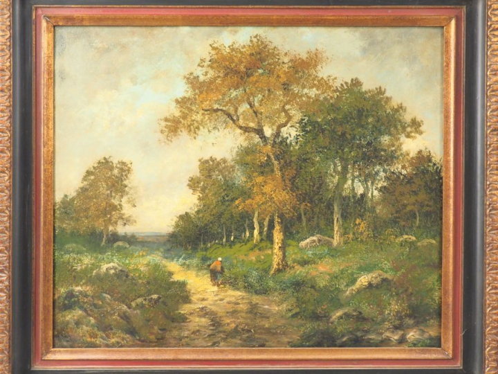 Ecole française fin XIXème. "paysanne cheminant en lisière de forêt" H