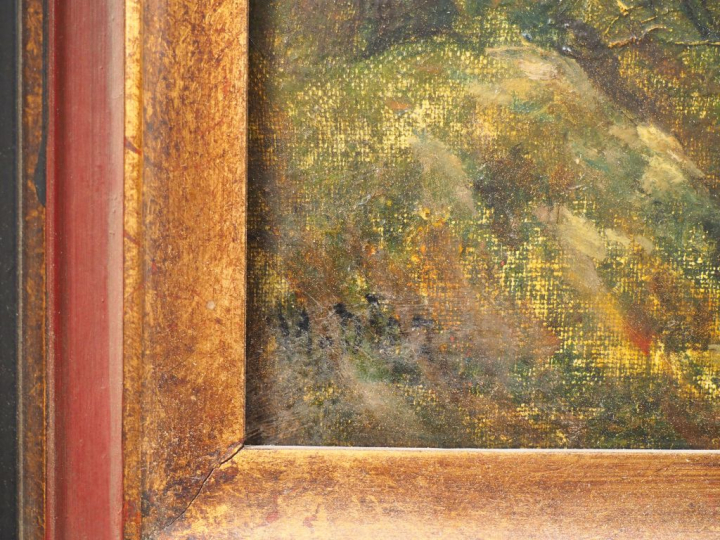 Ecole française fin XIXème. "paysanne cheminant en lisière de forêt" H