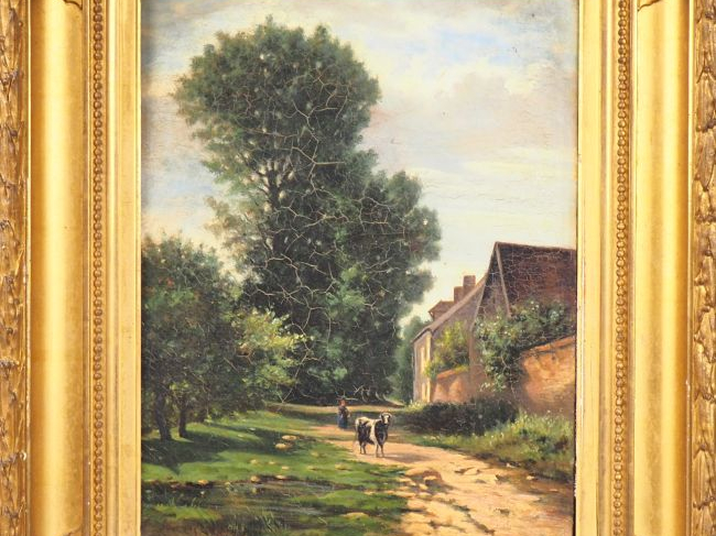 Ecole française fin XIXème  "paysanne et sa vache devant une maison de