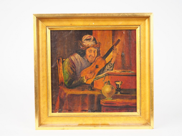 Ecole du Nord XIXème  "le guitariste" Huile sur toile, marouflée sur p