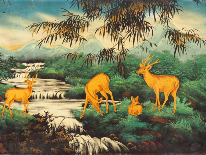 Vietnam, XXe siècle Panneau en laque polychrome, rehauts d’or et d’arg