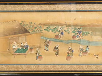 Vente aux enchères Japon, vers 1900,  Une tenture sur soie contrecollée sur papier à déco