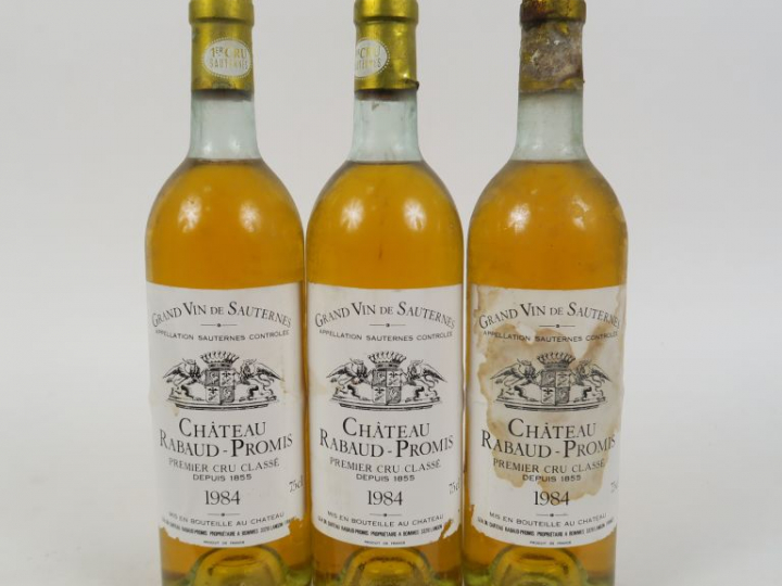 3 BOUTEILLES CHÂTEAU RABAUD PROMIS 1er CC SAUTERNES- 1984 - 3 LB/1 ET
