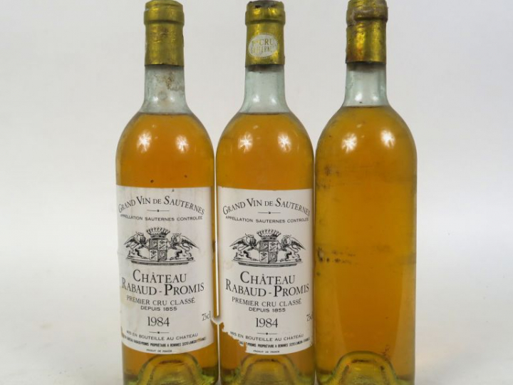 3 BOUTEILLES CHÂTEAU RABAUD PROMIS 1er CC SAUTERNES - 1984 - 2 LB/1 HE