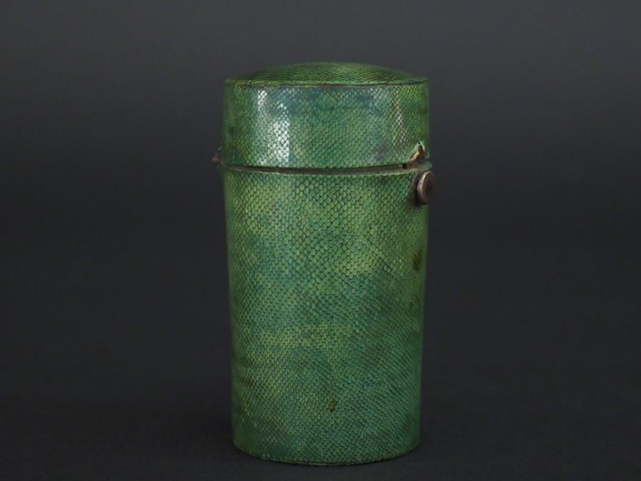 Flacon à sels en verre ou cristal dans un étui XIXème en galuchat vert