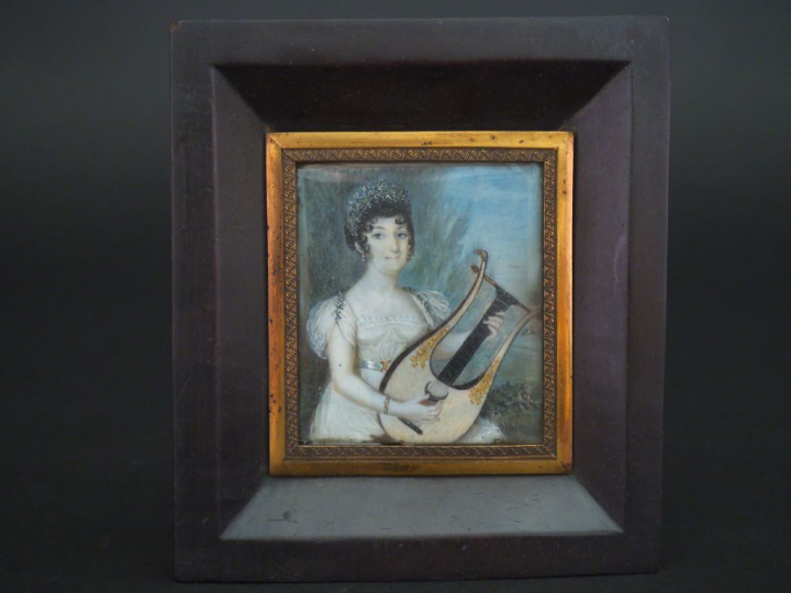 Miniature première moitié du XIXème "portrait de musicienne". Dim. 6 x