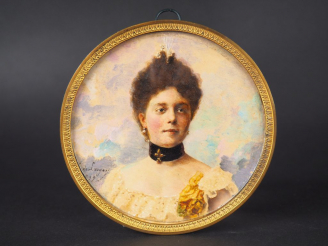Vente aux enchères 	DE LAEGER.  Miniature XIXème « portrait de jeune femme ». Aquarelle s