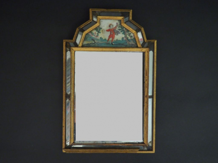Miroir à parecloses XIXème orné d'un fixé sous verre représentant un b