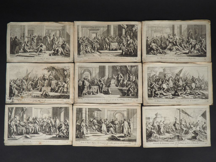 Ensemble de 21 gravures XVIIIème en noir sur l'histoire de Toulouse. D