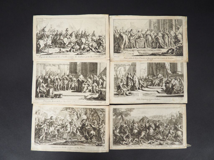 Ensemble de 21 gravures XVIIIème en noir sur l'histoire de Toulouse. D