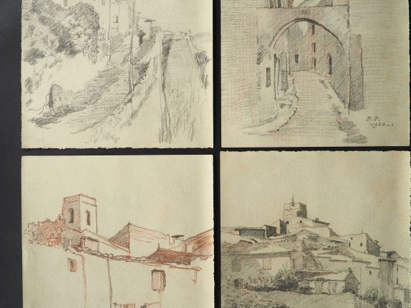 Petit recueuil de dessins comprenant 4 vues de villages. Dim.  31,5 x 