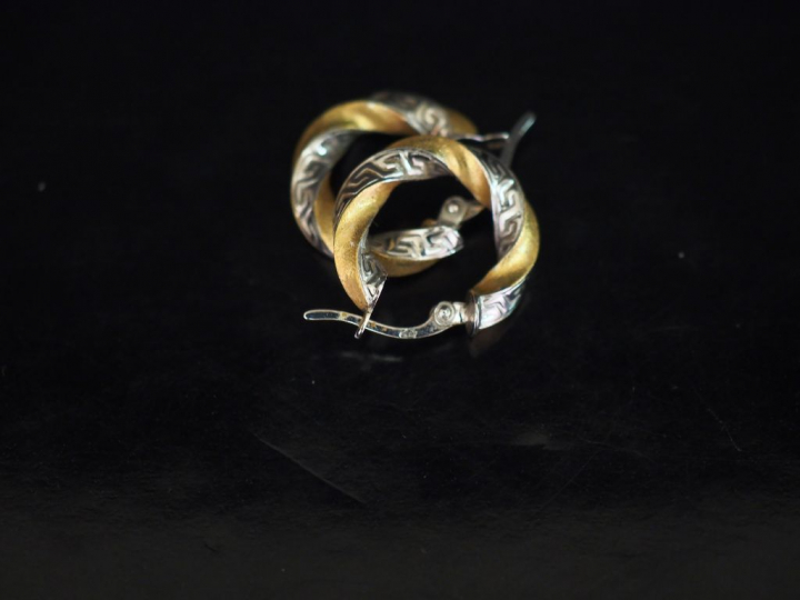 Paire de créoles deux tons d'or, à décor de motifs torsadés agrémentés