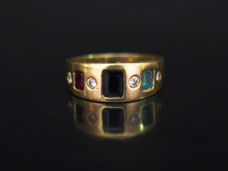 Vente aux enchères Bague jonc en or jaune 750, sertie de diamants et pierres de couleur e