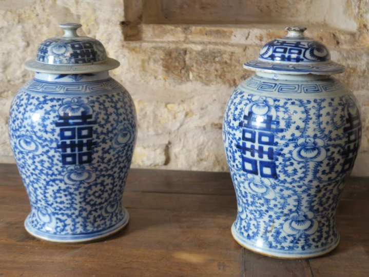 Paire de potiches indochinoises vers 1900 en porcelaine à décor en ble