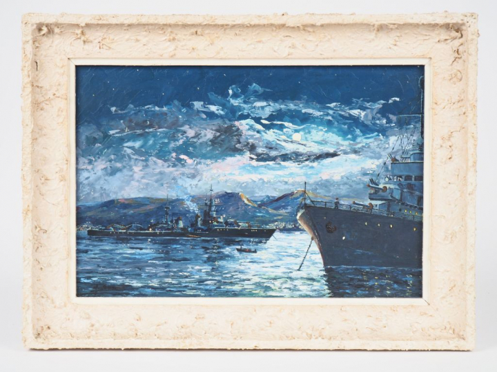 F. BERNARD. "Navire dans la rade de Toulon" Huile sur panneau, signée 