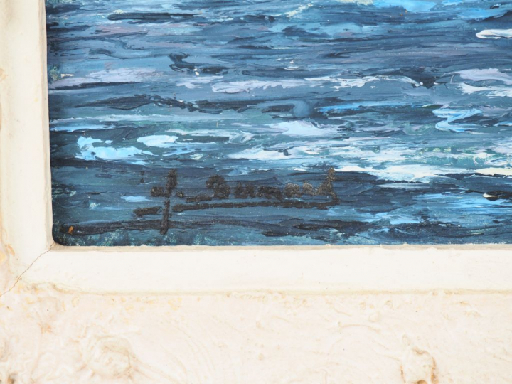 F. BERNARD. "Navire dans la rade de Toulon" Huile sur panneau, signée 