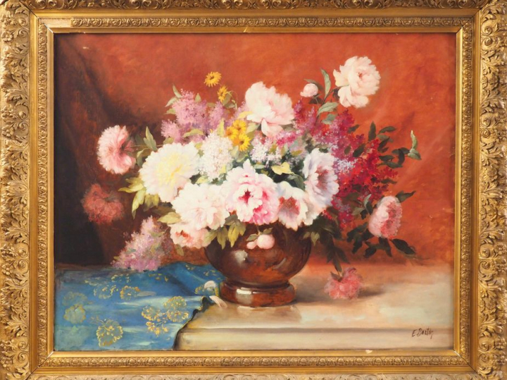 E. BERTIN.  "nature morte au bouquet de fleurs". Huile sur toile, sign