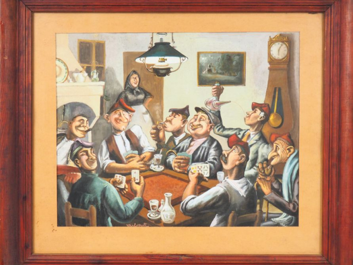 BOFAROULL. "Les tricheurs".  Gouache, signée en bas à gauche. Dim. 39,