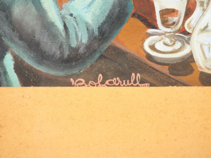 BOFAROULL. "Les tricheurs".  Gouache, signée en bas à gauche. Dim. 39,