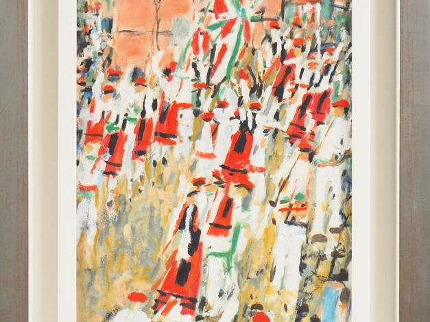 BRAVARD.  "Procession au Pays Basque" Huile sur carton, signée en bas 