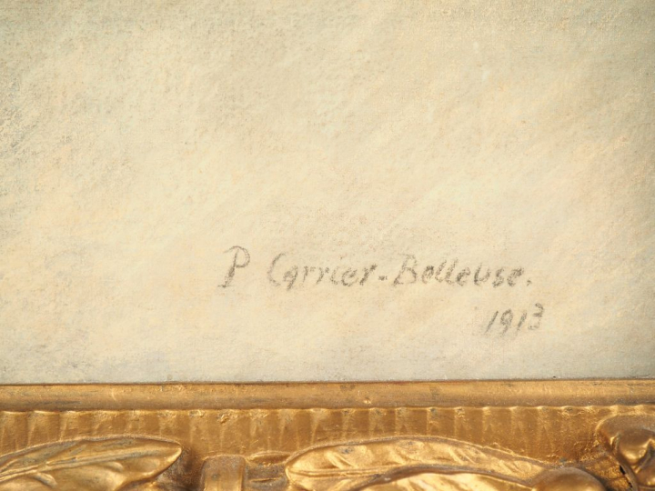 Pierre CARRIER-BELLEUSE. "La joueuse de flute".  Pastel, signé en bas 