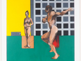 Vente aux enchères M. COURANO.  "Couple dans un paysage abstrait" . Huile sur carton, sig