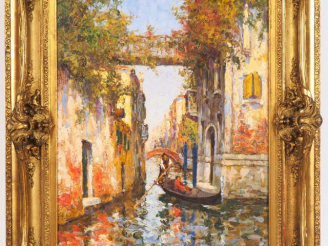 Vente aux enchères Charles COUSIN.  "Canal à Venise". Huile sur toile, signée en bas à dr