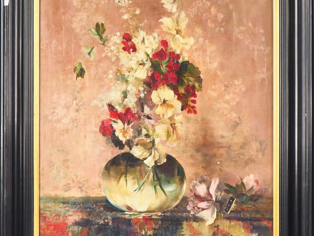 Louis DESBORDES.  "nature morte au bouquet de fleurs". Huile sur toile