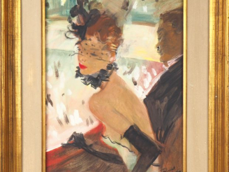 Vente aux enchères Jean Gabriel DOMERGUE. "la loge" Huile sur panneau, signée en bas à dr