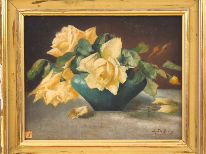 Alexandre  DUFAUX. "Le bouquet de roses". Huile sur toile, signée en b