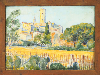 Vente aux enchères André FONS GODAIL.  "Village catalan". Huile sur toile, signée en bas 