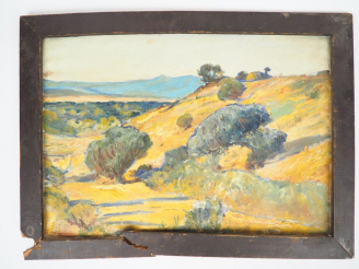 Vente aux enchères André FONS GODAIL.  "Paysage des pyrénées orientales". Huile sur toile